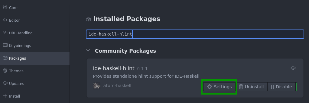 Image showing Atom Settings window, Packages tab, with ide-haskell-hlint package card visible, and Settings button highlighted with green outline