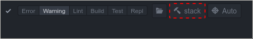 Header part of ide-haskell panel, button with hammer icon and text "stack" highlighted