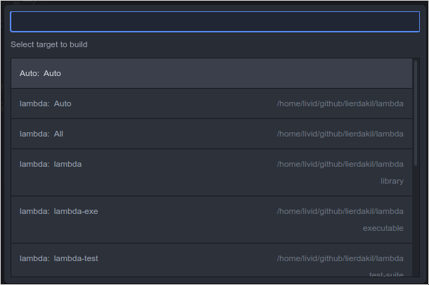 Command palette-like dialog window with text "Select target to build" and several options, "Auto: Auto", "lambda: Auto", "lambda: All", "lambda: lambda", "lambda: lambda-exe", "lambda:lambda-test"